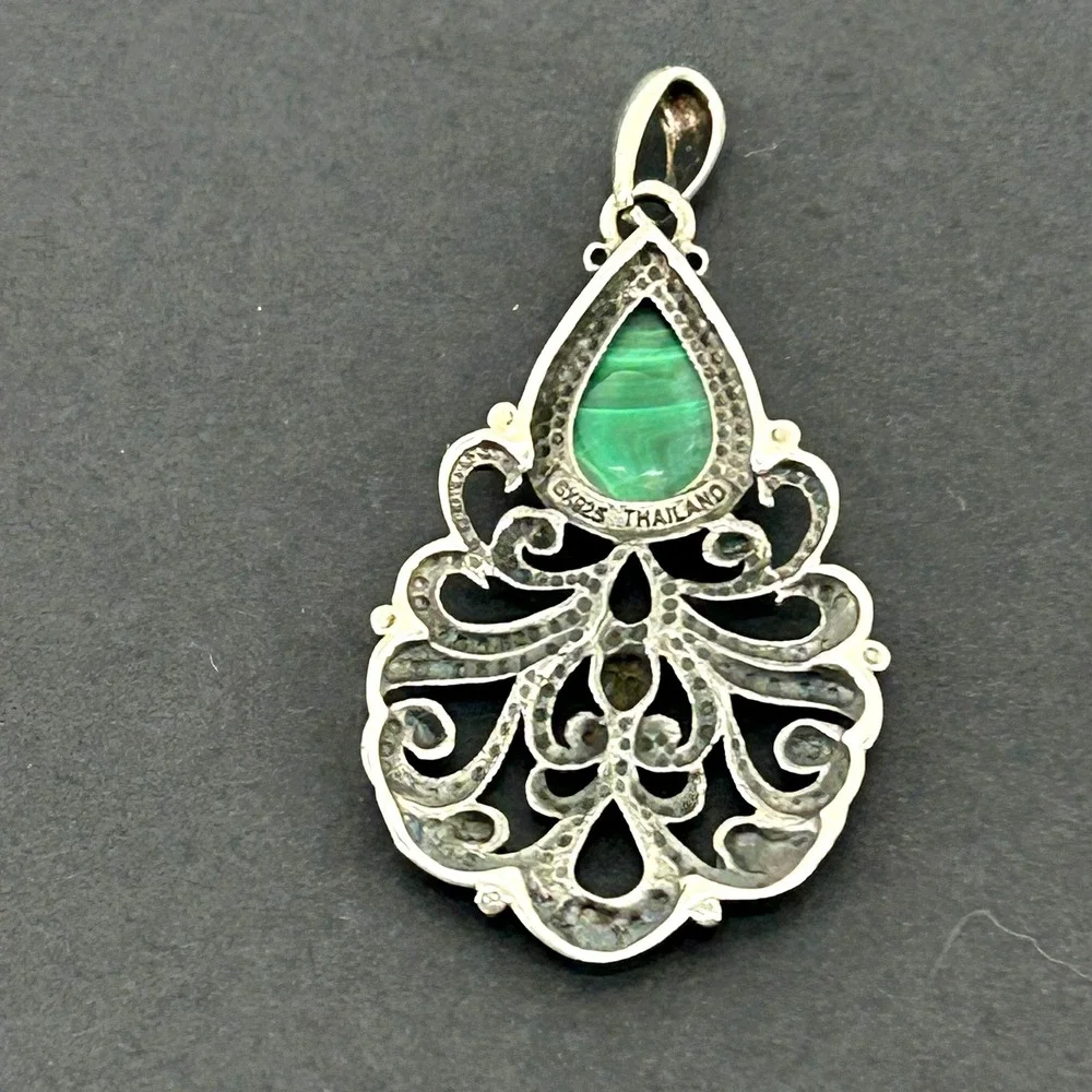 Vintage 925 Sterling Silver Malachite Teardrop Stone Filigree Pendant Thailand